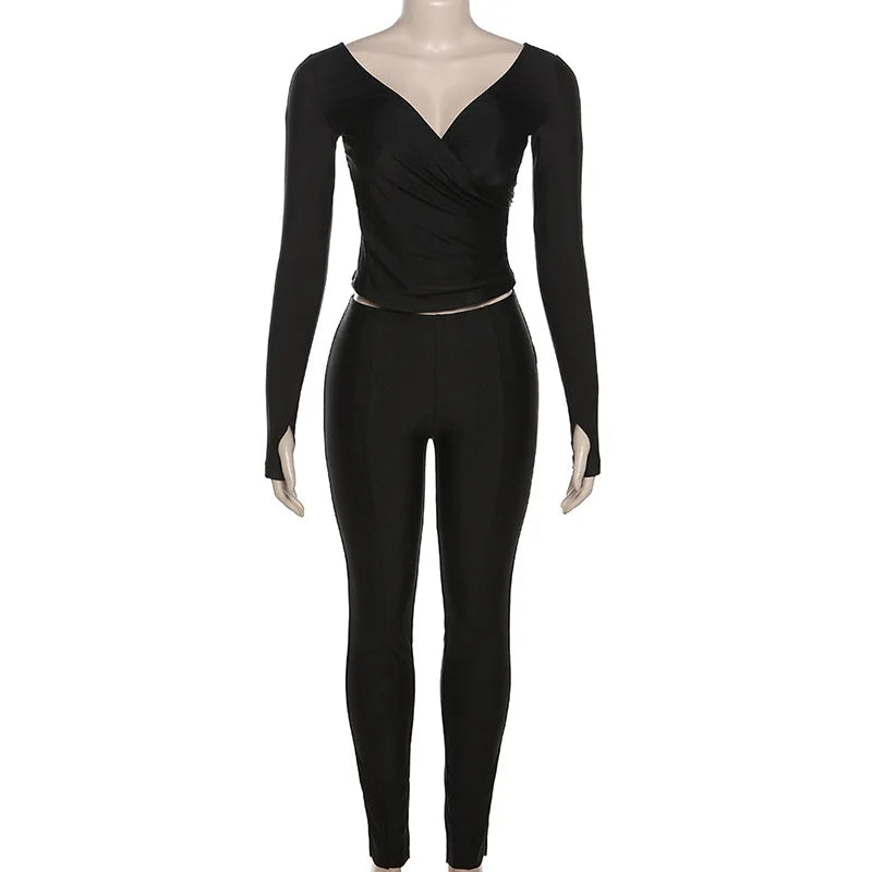 Simenual Casual Skinny Women Two Piece Set Sexy Deep V Crop Tops High Waist Pants Cyber Y2K Outfits Slim Co Ord Suits Streetwear