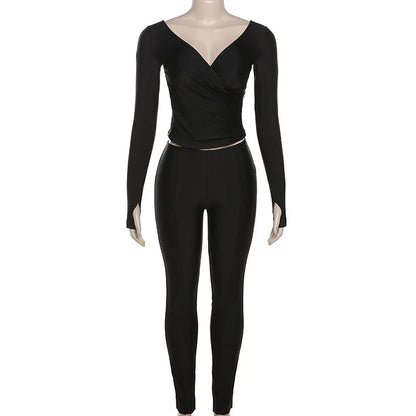 Simenual Casual Skinny Women Two Piece Set Sexy Deep V Crop Tops High Waist Pants Cyber Y2K Outfits Slim Co Ord Suits Streetwear