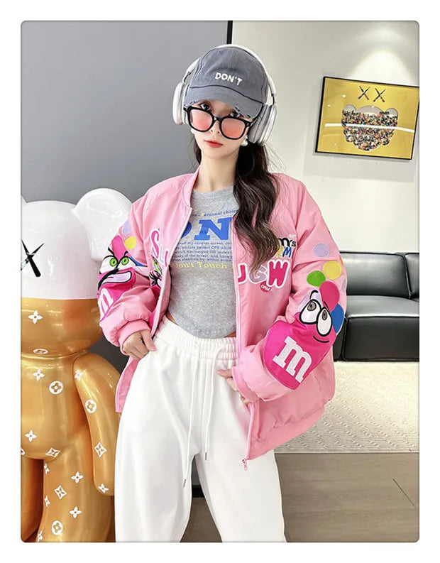 Cross-border Cartoon Embroidery Baseball Jacket For Men Women Casual Loose Fit Hip Hop Top Spring Autumn Letter Couple Jacket