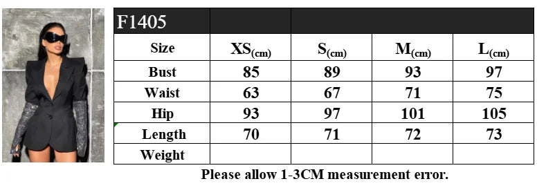 Sexy V Neck Long Sleeve Blazer With Rhinestone Sleeve Women Black Diamond Patchwork Slim Jacket Evening Party Club Cocktail Coat
