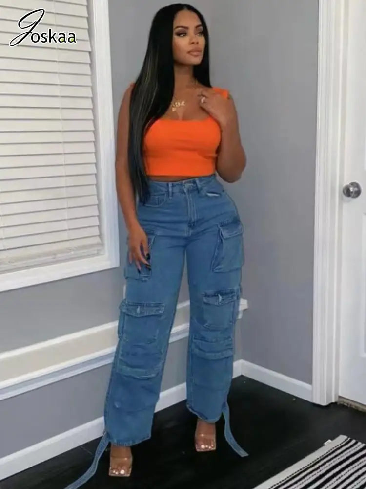 Joskaa Fashion Y2k Pockets Cargo Jeans Women Hipster High Waisted Straight Pants Fall 2023 Casual Denim Trousers Streetwear