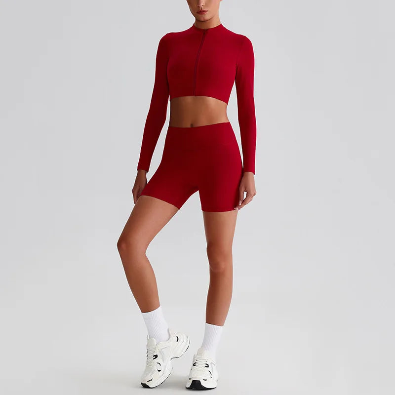 Customized LOGO Women's Skin-friendly Sports Yoga Clothing Slim Elastic Jacket Fitness Shorts Long Sleeve Two-piece Set