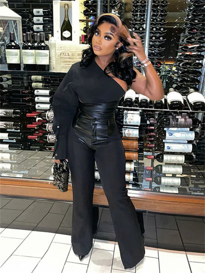 Wmstar Two Piece Set Women Single Long Sleeve Outfit Sexy Bodycon PU Patchwork Top Pants Set Matching Wholesale Dropshpping 2024