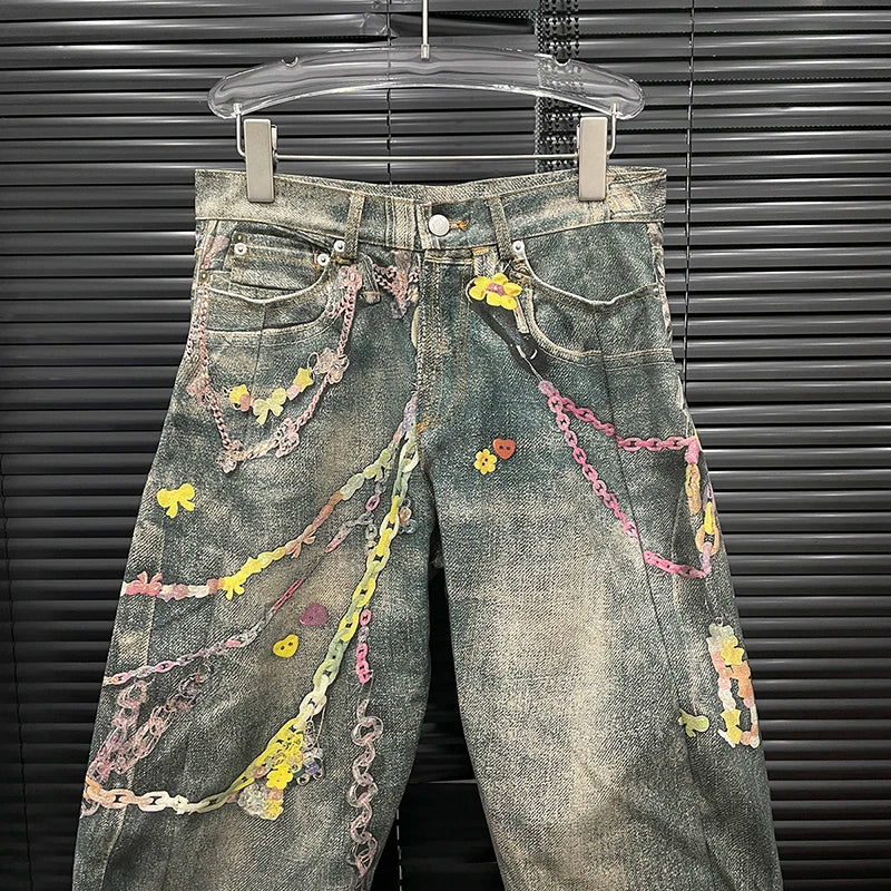 DEAT Fashion Women's 3D Chain Printed Contrast Color Jeans Niche Design High Waist Casual Denim Pants Female Trendy 11A04071