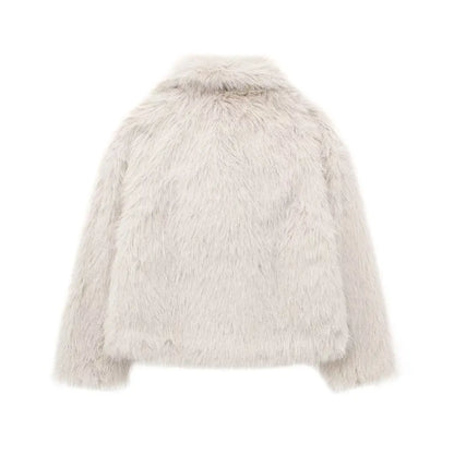TRAFZA Female Vintage Artificial Fur Effect Coats Lapel Warm Plush Long Sleeves Hidden Buttons Autumn Winter Casual Outerwear