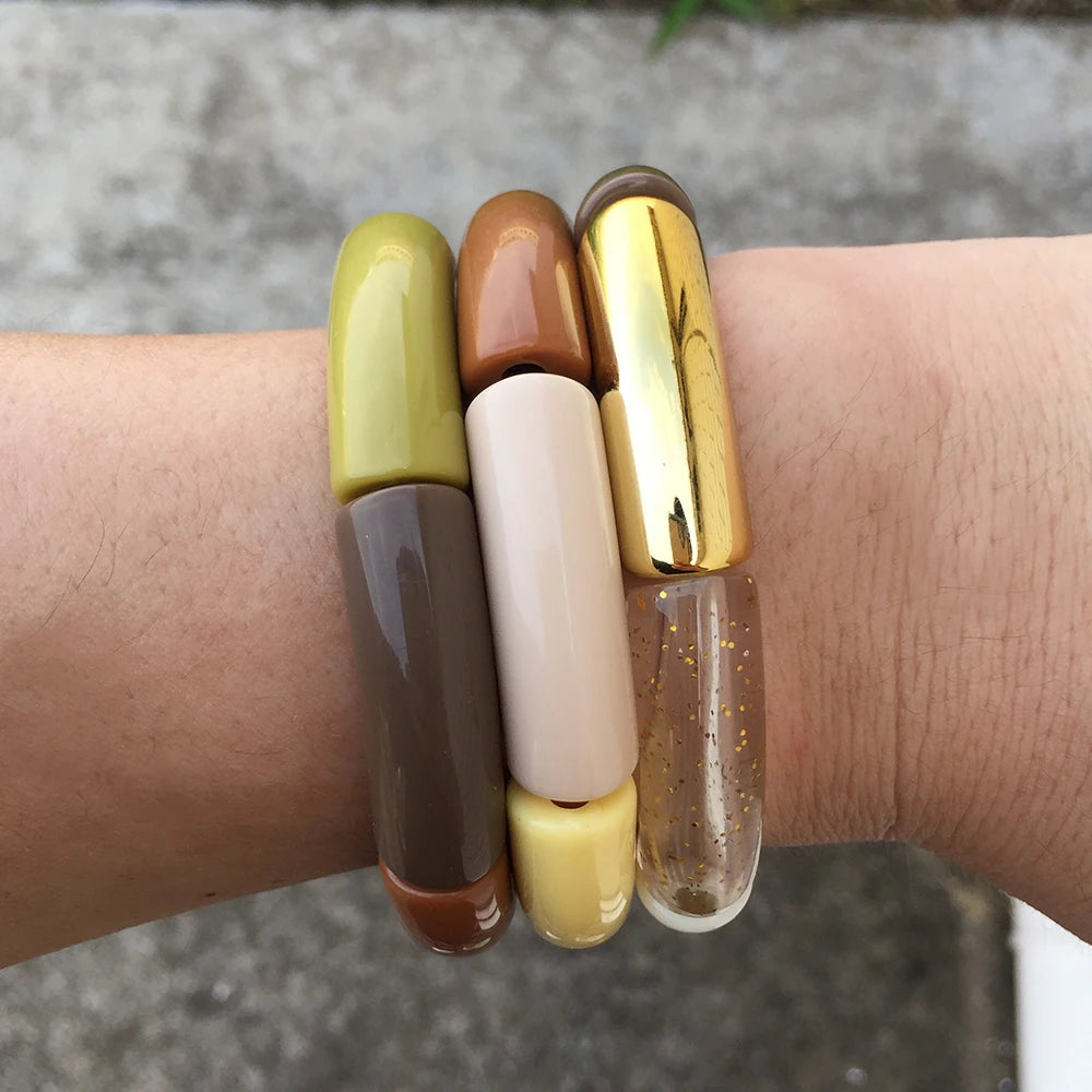 FishSheep Trendy Acrylic Stacked Bamboo Beads Bangles Bracelets for Women Bohemian Resin Elastic Beaded Bracelets Set Jewelry