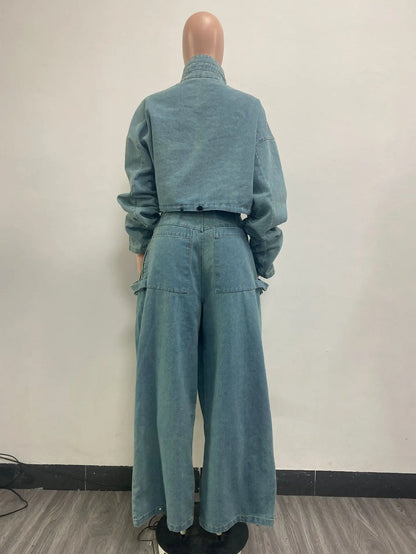 Denim Two Piece Sets Women Pant Set Y2k Streetwear Coats Jeans Elegant Matching Sets Coat Top Long Pants Jackets Streetwear