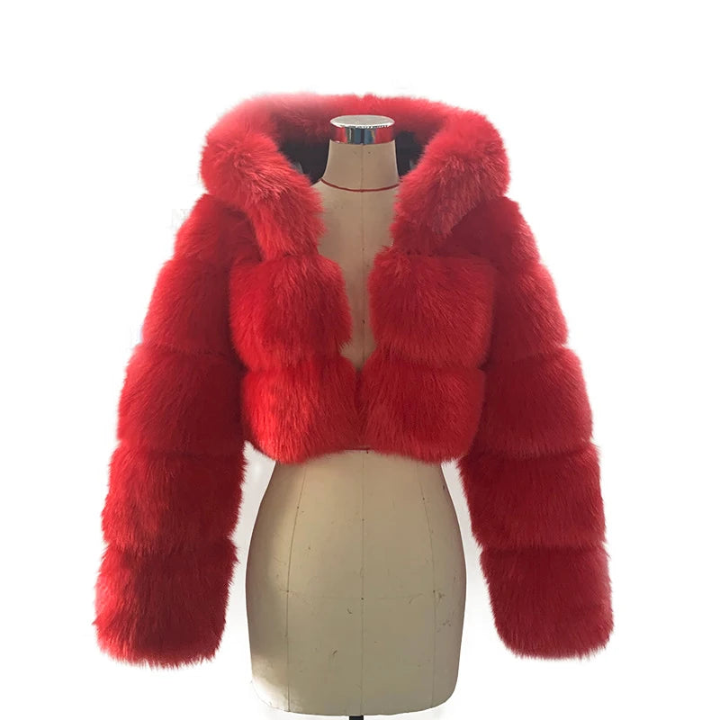 S-6XL Women Coat Autumn Winter Short Hooded Faux Fox Fur Coat Thick Warm Outerwear Fake Fur Woman Jackets Ladies Furry Coats