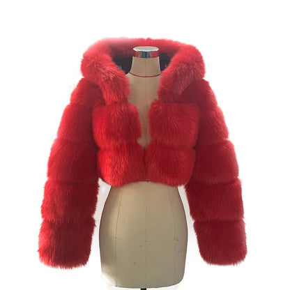 S-6XL Women Coat Autumn Winter Short Hooded Faux Fox Fur Coat Thick Warm Outerwear Fake Fur Woman Jackets Ladies Furry Coats