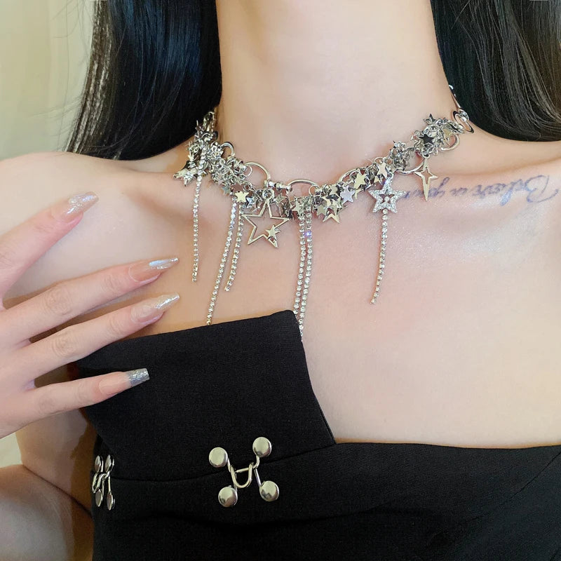 Silver Color Hollow Star Choker Necklaces For Women Long Tassel Rhinestone Imitation Pearl Chain Necklaces Statements Jewelry
