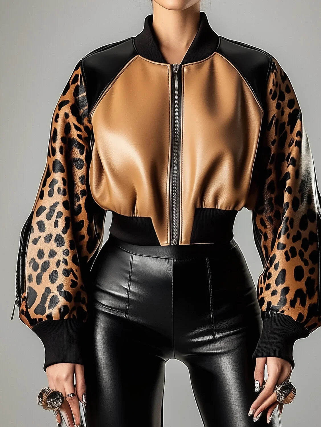 Women's PU Leather Jacket Leopard Print Patchwork Lantern Sleeve Coat Zippers Female Spring Autumn O Neck Short Baseball Jacket