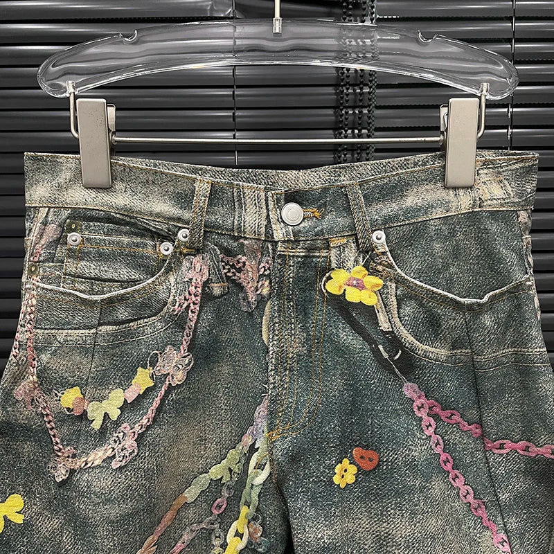 DEAT Fashion Women's 3D Chain Printed Contrast Color Jeans Niche Design High Waist Casual Denim Pants Female Trendy 11A04071