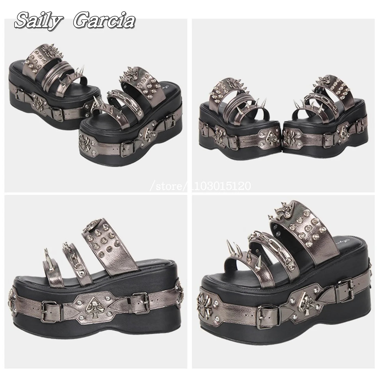 Punk Style Metal Rivet Thick Sole 10CM Heel Slippers Open Toe Size 34-47 Original Customization Y2K Slides Silver Hollow Sandals
