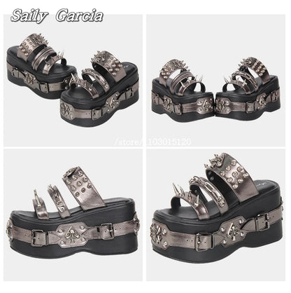 Punk Style Metal Rivet Thick Sole 10CM Heel Slippers Open Toe Size 34-47 Original Customization Y2K Slides Silver Hollow Sandals