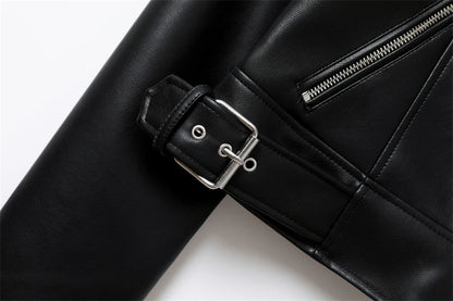 RARF 2024 Women's Spring Black faux-leather jacket Casual zipper and belt Cycling jacket Casual jacket jacket