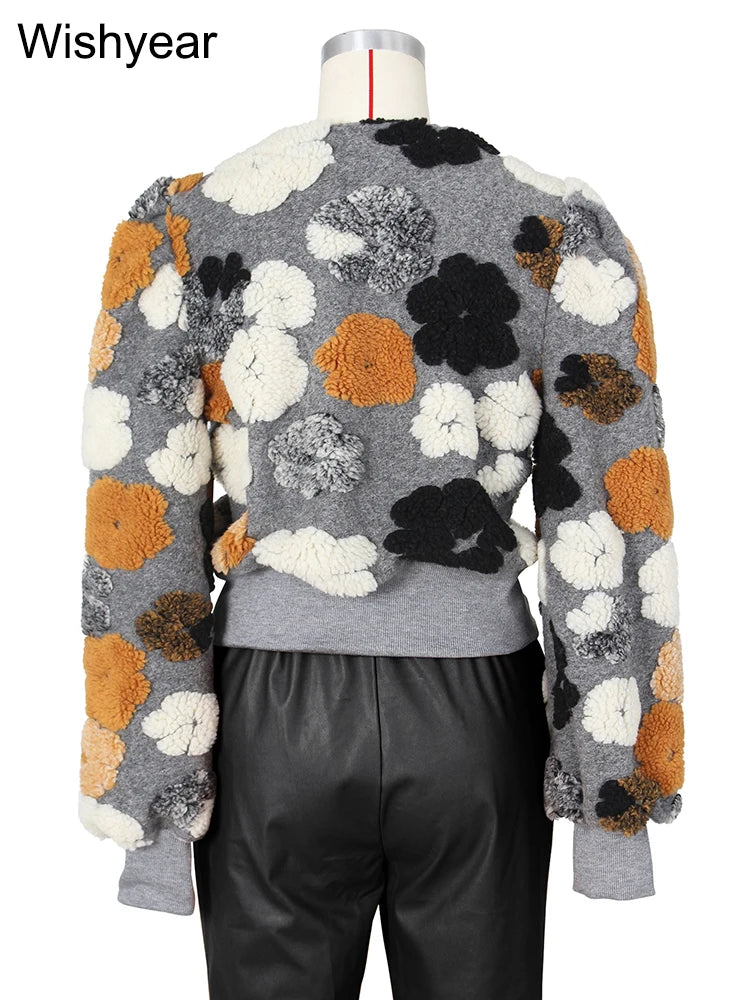Streetwear Winter Warm Thick 3D Flowers Patchwork Jacket Women Puff Long Sleeve Single-breasted Baseball Coats Vintage Outwear