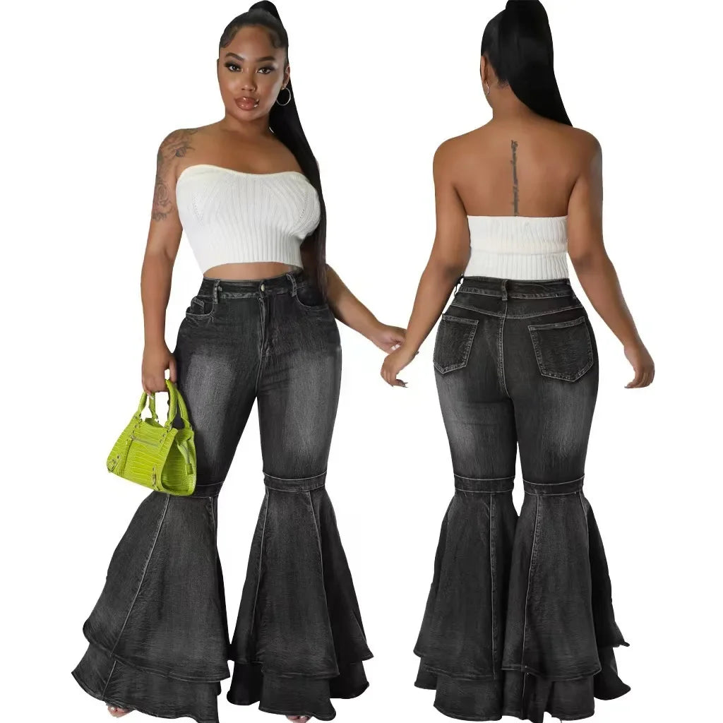 Fashion Versatile Wide Leg Washed Denim Stretch Flared Pants Women