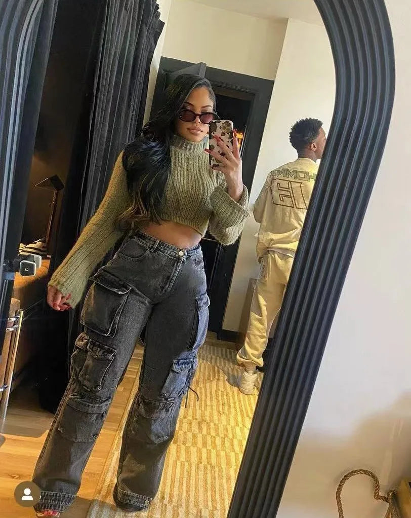 Joskaa Fashion Y2k Pockets Cargo Jeans Women Hipster High Waisted Straight Pants Fall 2023 Casual Denim Trousers Streetwear