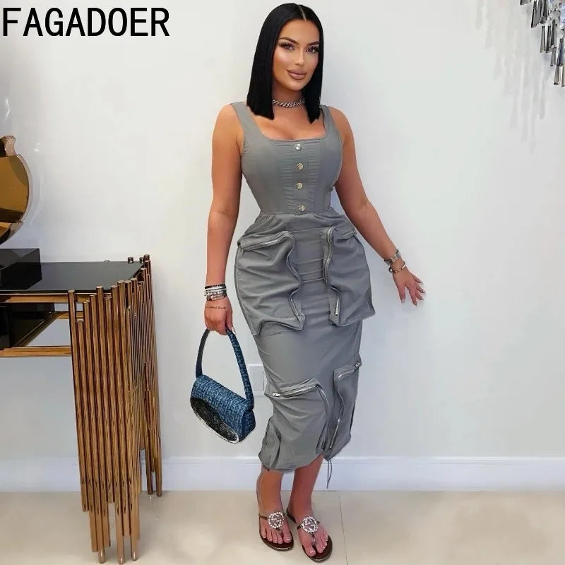 FAGADOER Elegant Cargo Pockets Patchwork Bodycon Long Dress for Woman Spaghetti Strap Backless Zip Dresses Casual Vestidos New