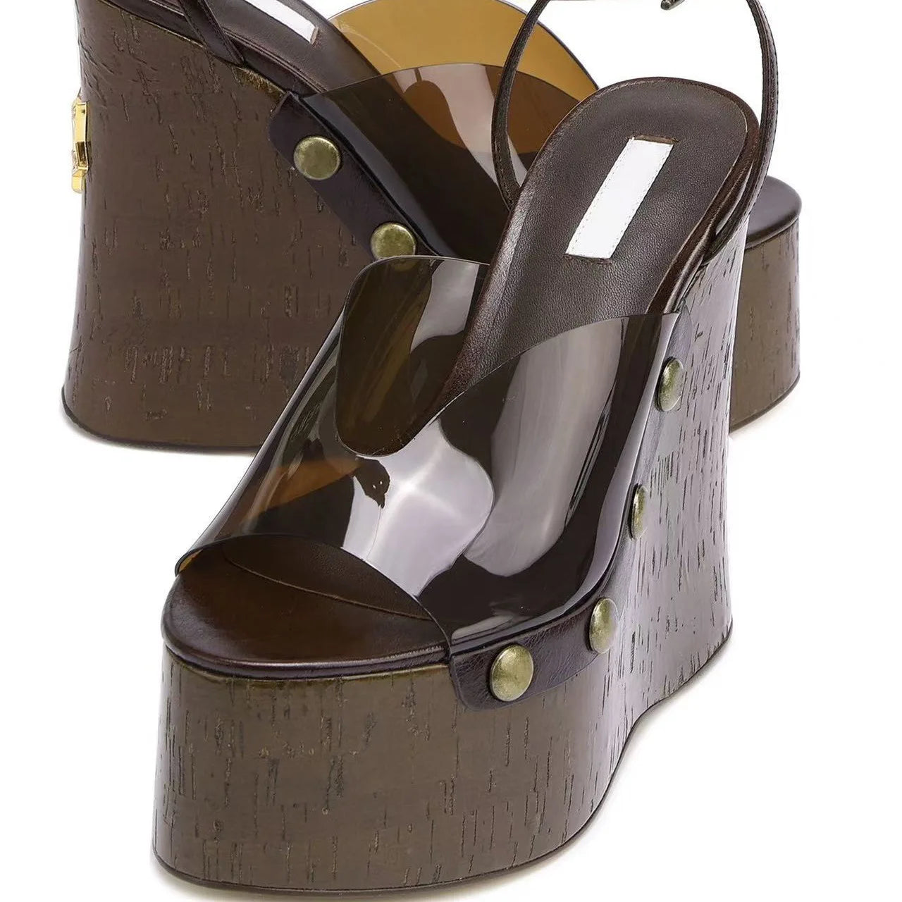 Large Rivets Embedded PVC Strap Women’s Sandals Peep Toe Wedges Super High Heels Tall Platform Sandales à Talons Heighten Shoes