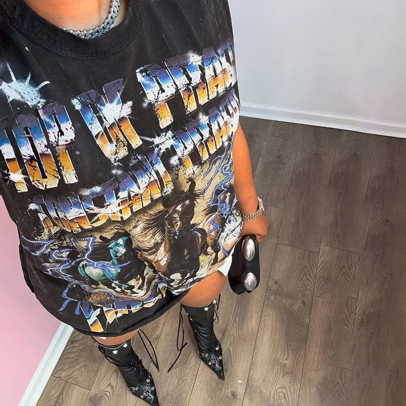 HLJ&GG Black Fashion Graphic Printing Loose T Shirts Women Round Neck Sleeveless Tops Summer New Female Hip Hop Streetwear 2025