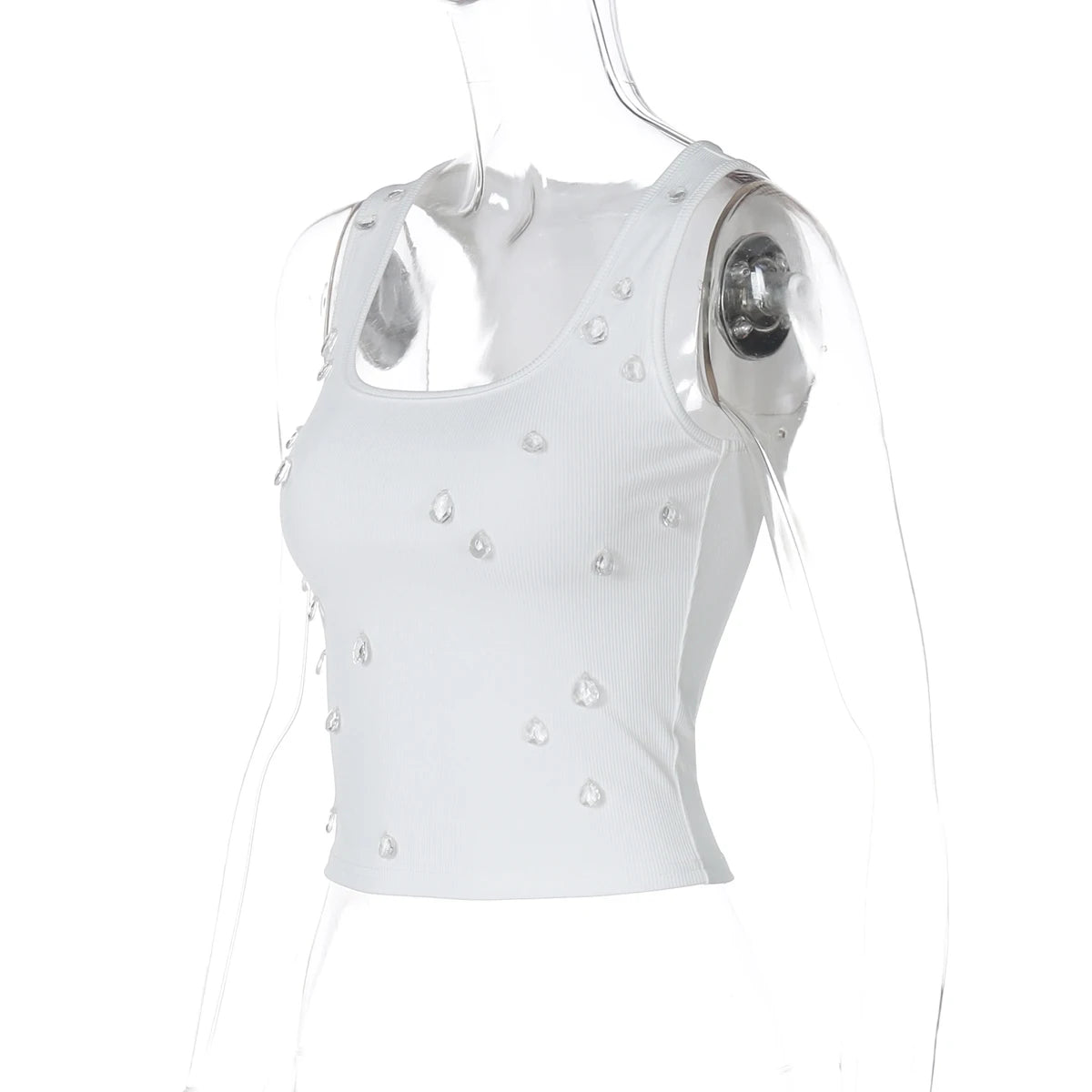 Dulzura Ribbed Sleeveless Water Droplets Diamond Decorated Tank Sexy Casual Bodycon Top Party Club Streetwear Spring Summer