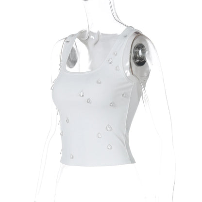 Dulzura Ribbed Sleeveless Water Droplets Diamond Decorated Tank Sexy Casual Bodycon Top Party Club Streetwear Spring Summer