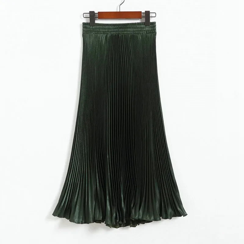 Women's Fashion Pleated Mermaid Long Skirt Korean Style Casual High Waist Satin Flowy Skirts Shiny 19 Colors 2024 Spring SK500