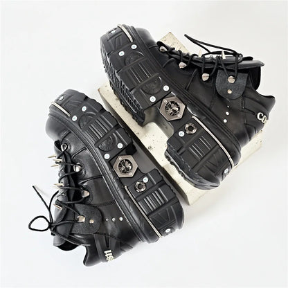 Punk Women Lace-Up Ankle Botas Mujer 2025 Rivet Metal Decoration Round Toe Thick Bottom Boots Woman Nightclub Rock Platform Shoe