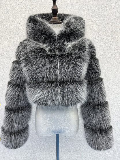 S-6XL Women Coat Autumn Winter Short Hooded Faux Fox Fur Coat Thick Warm Outerwear Fake Fur Woman Jackets Ladies Furry Coats