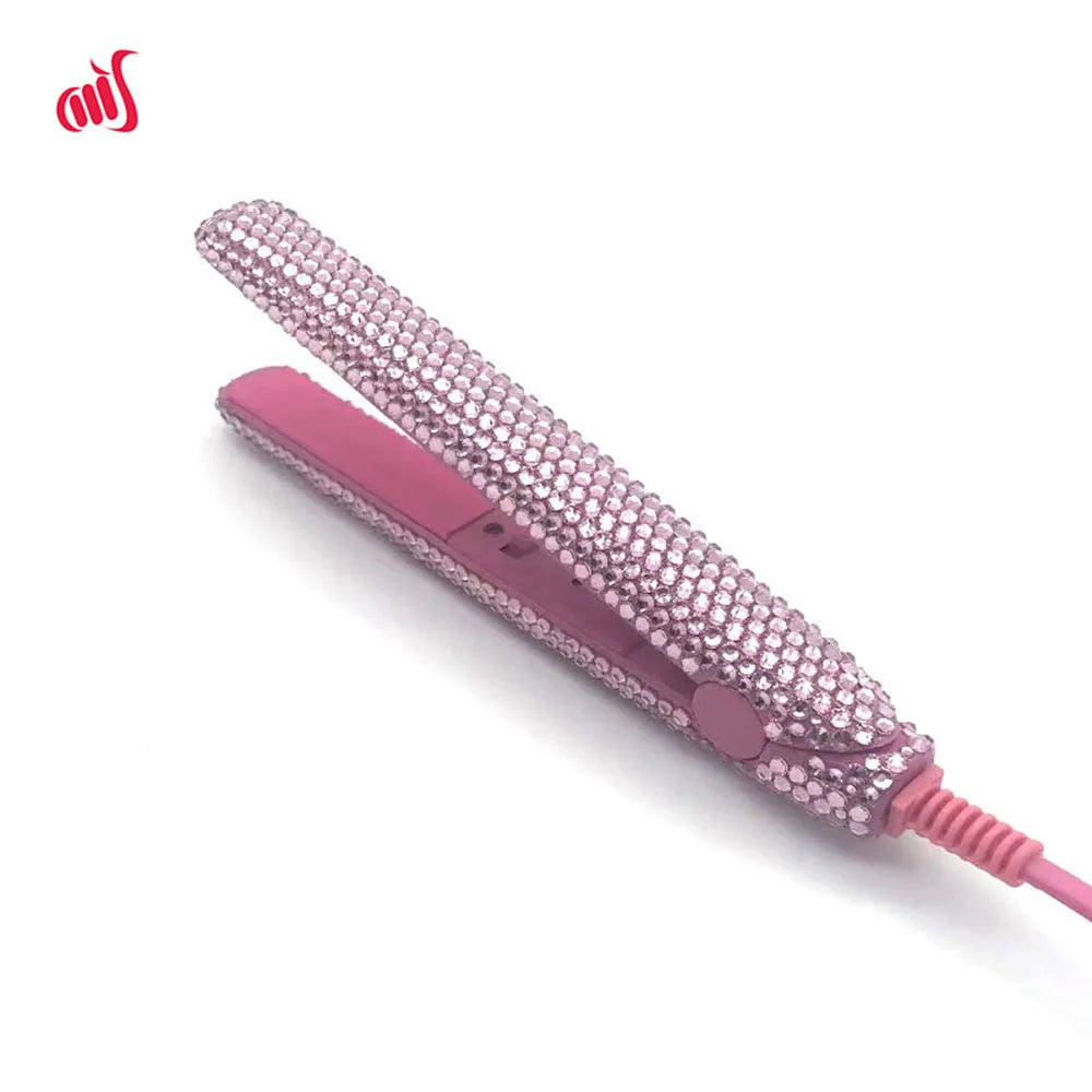 Mini Hair Straightener and Curler With Diamonds 2 in 1 Portable Mini Bangs Flat Iron Tourmaline Plate Flat Iron For Short Hair