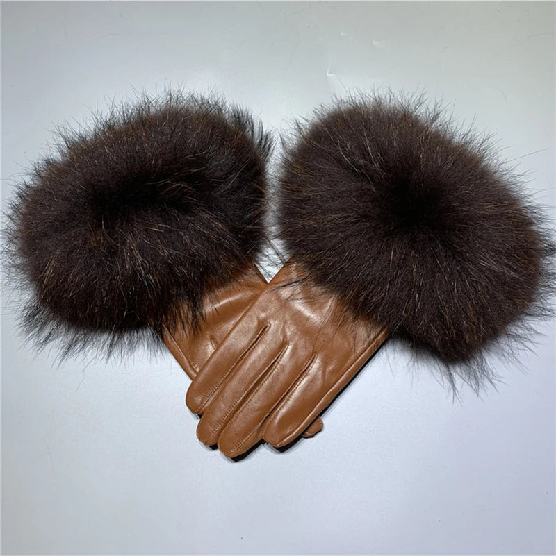 Jxwatcher Wholesale Fox Fur Gloves Winter Female Luxury Style Warm Sheepskin Genuine Leather Gloves Driving Thickening Mitten