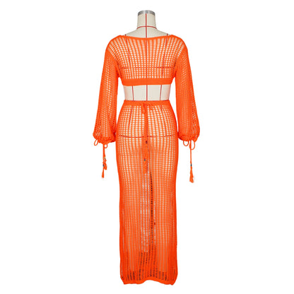 JRRY Sexy Women Crocheted Dresses Tassels Crochet Dress Cover Ups Hollow Out Knitted Beach Swimsuits