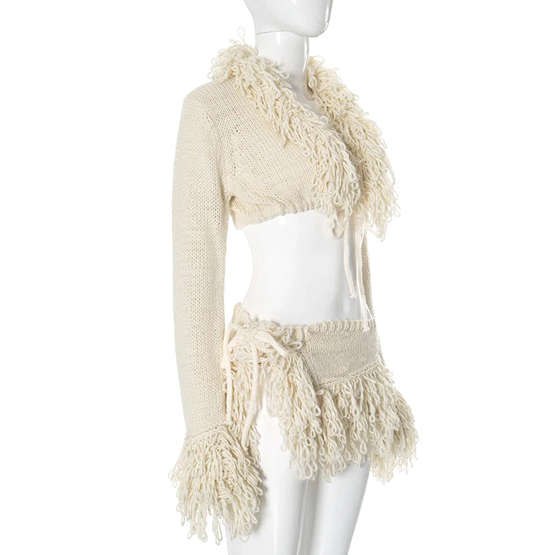 CUTENOVA 2024 New French Knit Sexy Set Tie Cardigan Long Sleeve Navel Top + Fashion Sexy Mini Skirt Set For Y2K Hottie Girl Wear