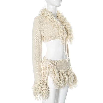 CUTENOVA 2024 New French Knit Sexy Set Tie Cardigan Long Sleeve Navel Top + Fashion Sexy Mini Skirt Set For Y2K Hottie Girl Wear