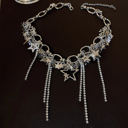 Silver Color Hollow Star Choker Necklaces For Women Long Tassel Rhinestone Imitation Pearl Chain Necklaces Statements Jewelry