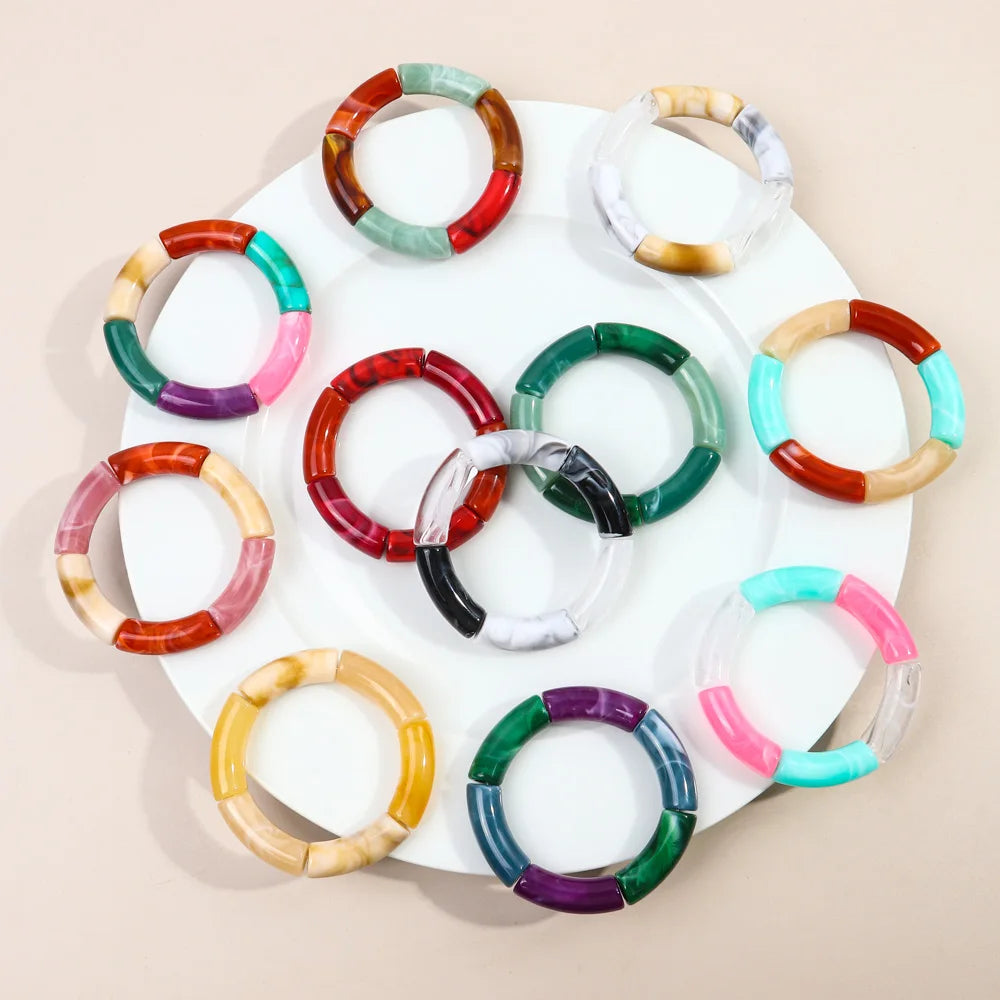 FishSheep Trendy Acrylic Stacked Bamboo Beads Bangles Bracelets for Women Bohemian Resin Elastic Beaded Bracelets Set Jewelry