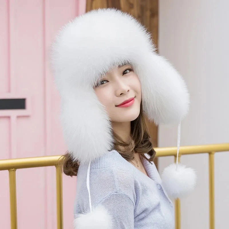 2025 100% Real Fox Fur Hats Women's Russian Ushanka Aviator Trapper Snow Skiing Hat Caps Earflap Winter Raccoon Fur Bomber Hat