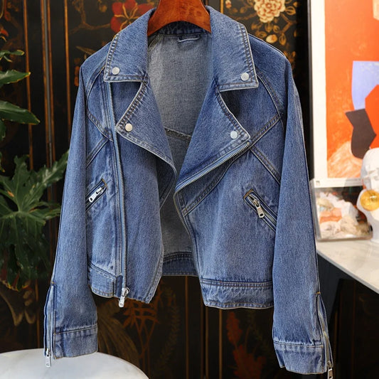 Fitaylor Spring Autumn Women Denim Jacket Casual Lady Moto Biker Coat Vintage Lapel Zipper Jacket