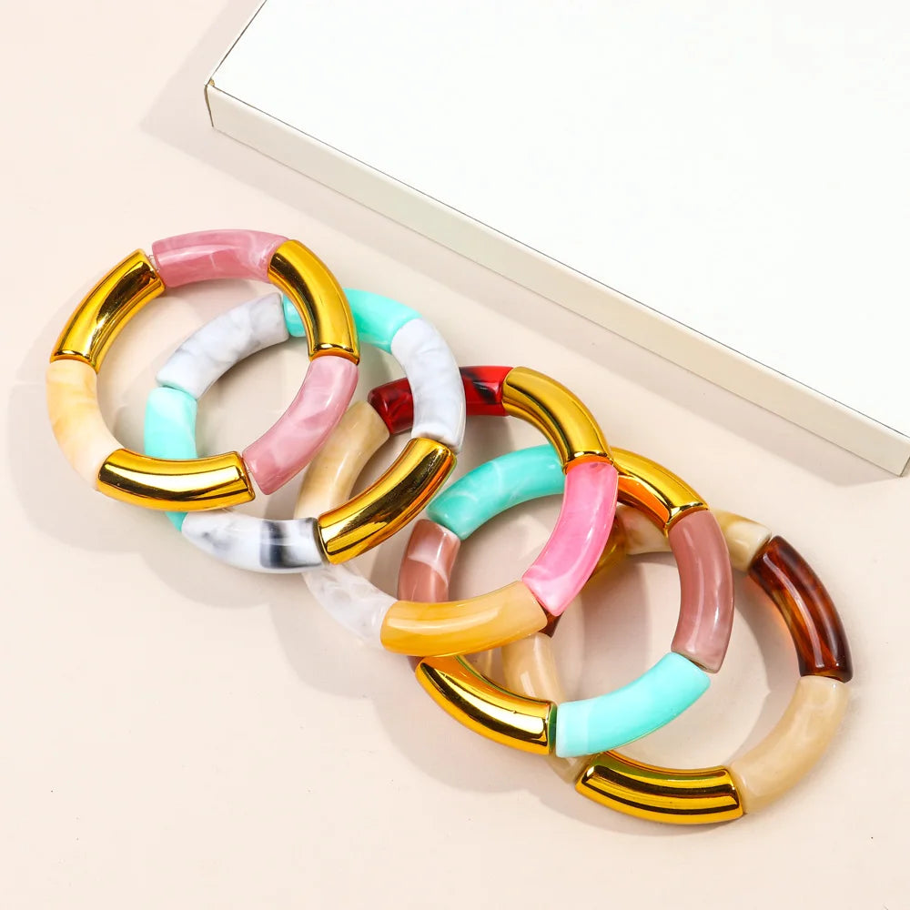 FishSheep Trendy Acrylic Stacked Bamboo Beads Bangles Bracelets for Women Bohemian Resin Elastic Beaded Bracelets Set Jewelry