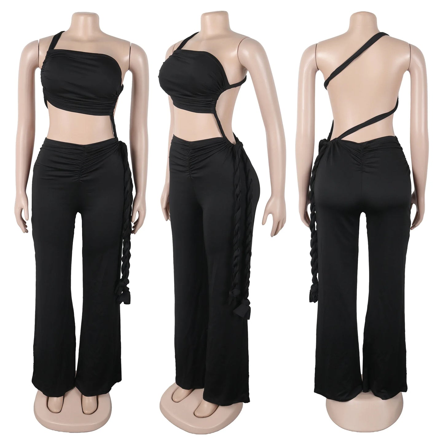 FAGADOER Sexy Ruched Patchwork Bodycon Jumpsuits for Woman Halter Sleeveless Wide-leg Romper Female Streetwear Overalls 2025 New