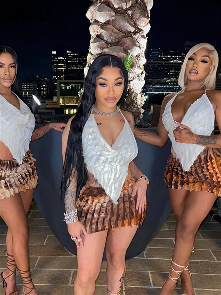 kliou Summer Women Mini Sexy Mesh Two Piece Set K23S37851 Girl Print Ruched Halter Camisole+Hip Skirt Outfit Dance Club Attire