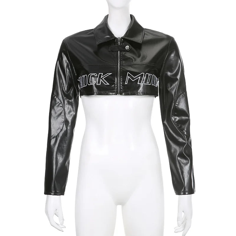 FAGADOER Y2k Punk Gothic Leather Jacket Women Cropped Lapel Letter Embroidery Moto Jackets Coat Short Female Streetwear New