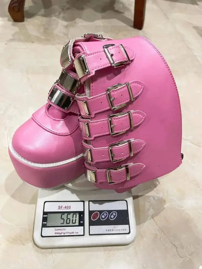 Women Boots Cosplay Ladies High Heel Platform Wedges Women High Boots Gothic Buckle Strap Long Tube Leather Female Boots Plus Si
