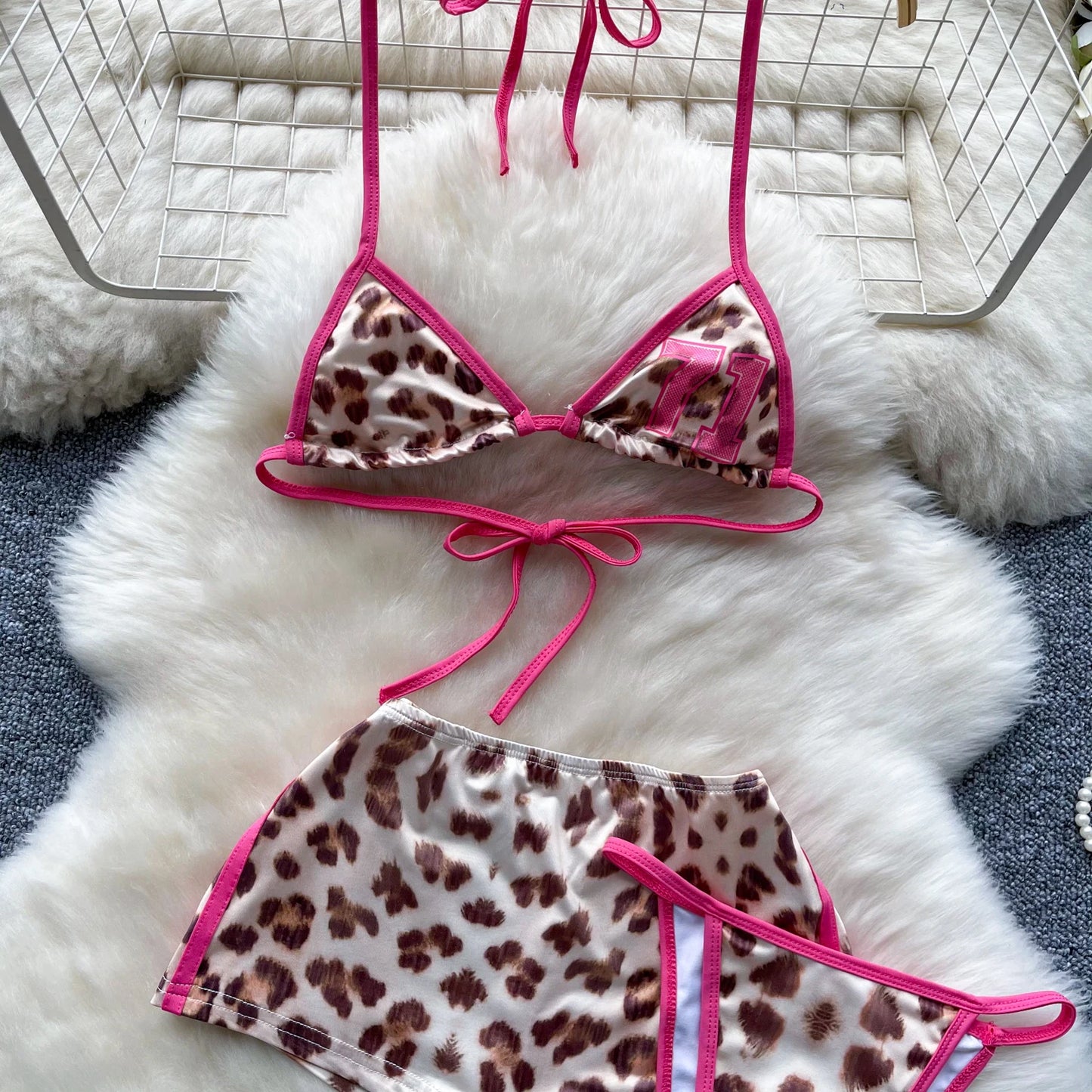 SINGREINY Leopard Bikini Hotsweet Three Piece Set Halter Bra+Slim Shorts+Mini Briefs 2024 Women Lace-Up Backless Sexy Suits
