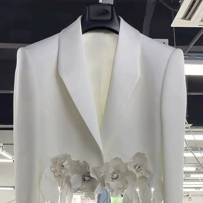 Elegant White 3D Floral Suits Coat High Waist Flowers Tassels Blazers Jacket Spring Autumn Fringed Beaded OL Cardigan Tops 2024