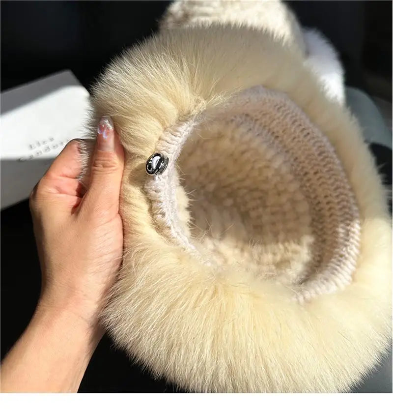 New Genuine Real Natural Knitted Mink Fur Hat Cap Luxury Women Handmade Knit Fashion Winter Headwear Warm Real Fox Fur Beanies