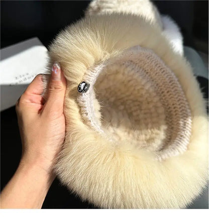 New Genuine Real Natural Knitted Mink Fur Hat Cap Luxury Women Handmade Knit Fashion Winter Headwear Warm Real Fox Fur Beanies