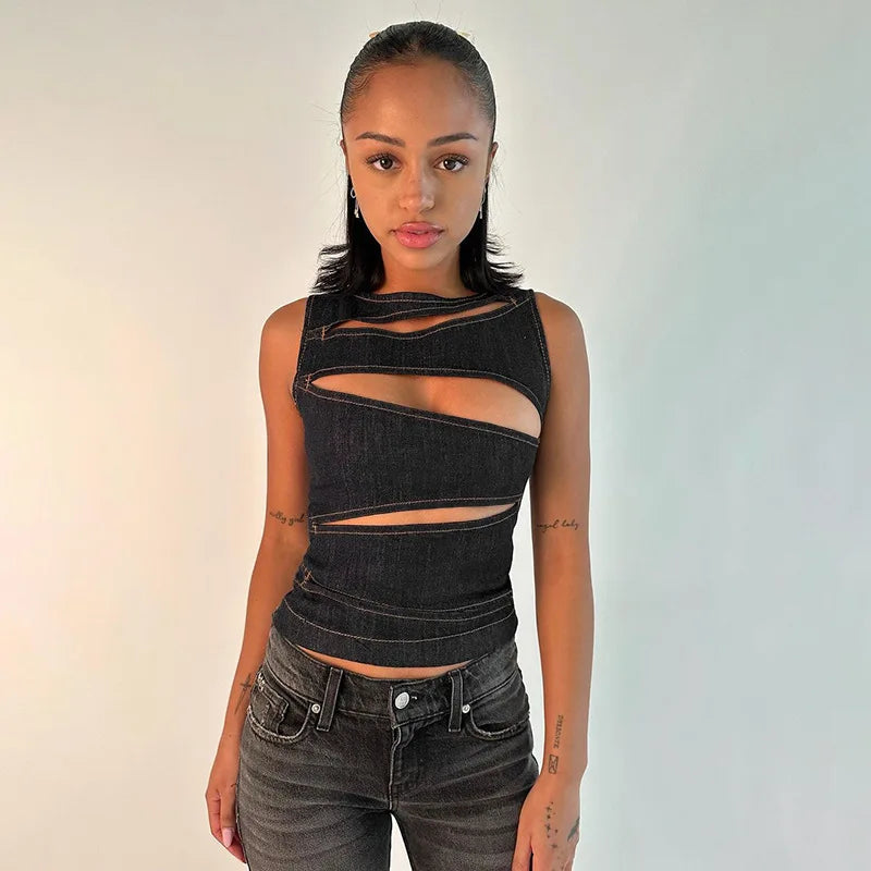 Women's Sleeveless Round Neck Vest Summer Solid Color Hollow Slim Vest Top Fashion Sexy Streetwear Women's Slim Vest Top