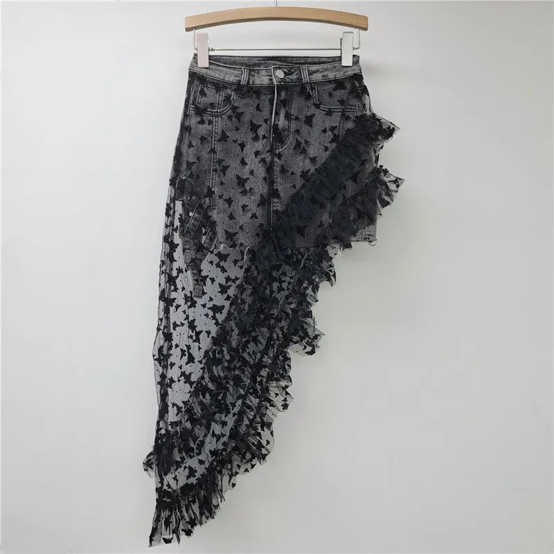 American Fashion Irregular Mesh Embroidery Butterfly Skirt Splicing Denim Elastic A Line Short Skirt Women Clothing 2025 New